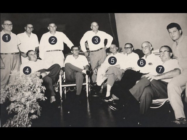 Os irmãos Mariani reunidos na varanda da casa de Dr. Augusto Mariani, no final de 1963 ou início de 1964, durante a comemoração de sua eleição para prefeito de Andradina. Identificados na foto: Pedro Mariani Neto (1), Romeu Mariani (2), Elisiário “Lalo” Mariani (3), José Antônio “Zé” Mariani (4), Vasco Mariani (5), Alfredo Mariani (6) e Dr. Augusto Mariani (7). Também estavam presentes Dr. Cesário Valério, Olívio Montefusco, Elisaldo e Walter, primos da família.