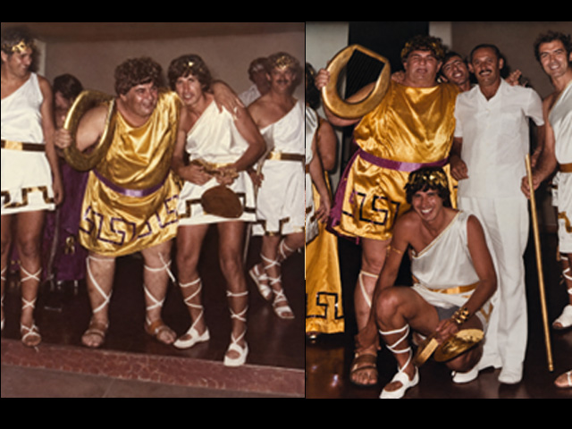 Carnavais de Andradina, entre o final da década de 1970 e o início dos anos 1980. Zé Mariani, fantasiado de Nero, e sua esposa Maria da Glória P. Mariani, a Maroca, em momentos de descontração e comemoração durante os tradicionais festejos carnavalescos da época.